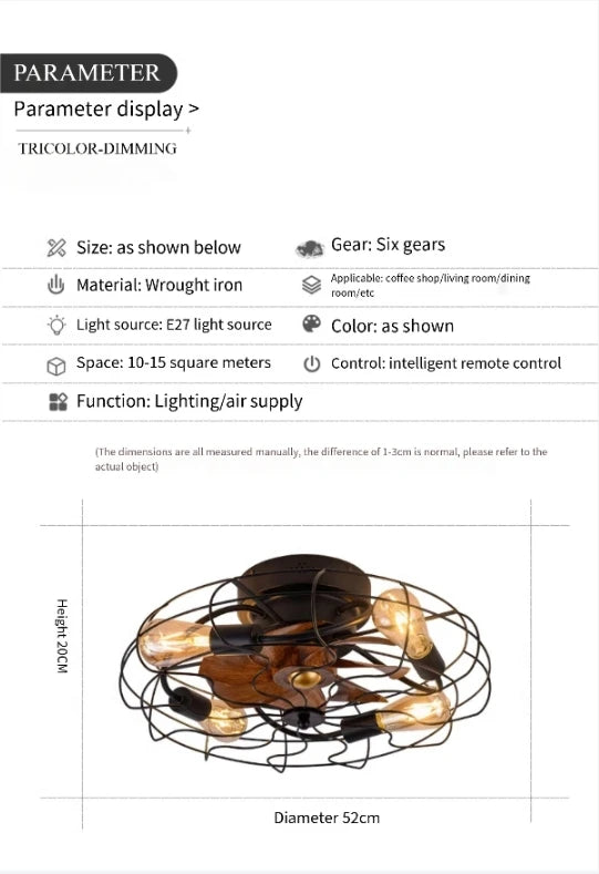 Retro Decke Schlafzimmer Ventilator Licht Unsichtbare amerikanische industrielle Wind Fernbedienung Esszimmer Deckenleuchte Schmiedeeisen Decke
