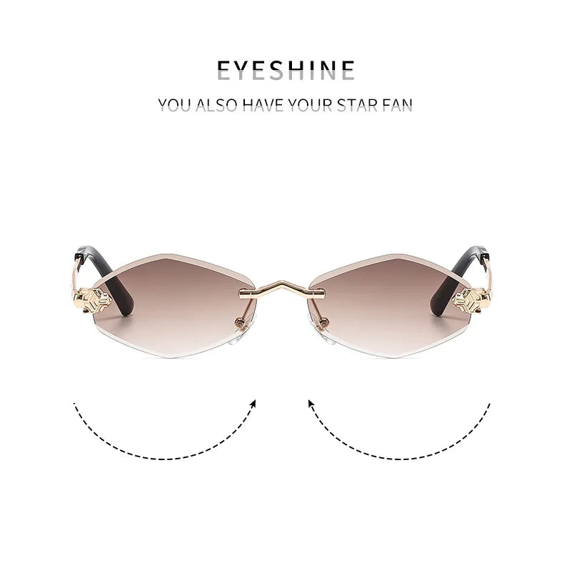 Luxuriöse Polygon-Sonnenbrille für Damen, Hipster, unregelmäßige randlose Sonnenbrille, Damen, kleiner Metallrahmen, Vintage-Rhombus-Brille, Braun