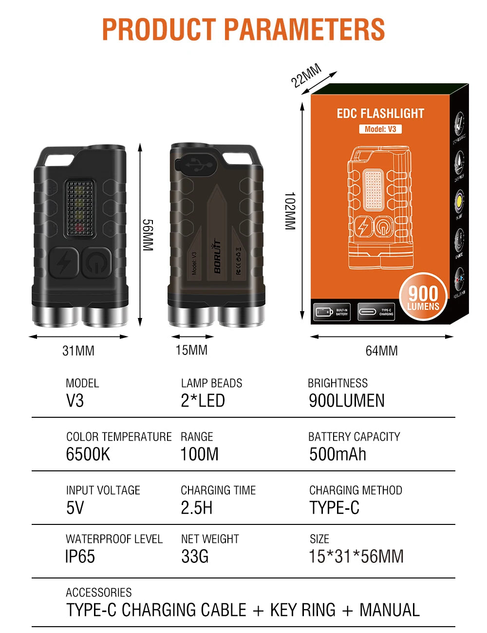 BORUiTV3/V10 LED-Schlüsselanhänger-Licht, leistungsstarke EDC-Taschenlampe, wiederaufladbare Taschenlampe vom Typ C, mit rotem UV-Licht, Angellampe