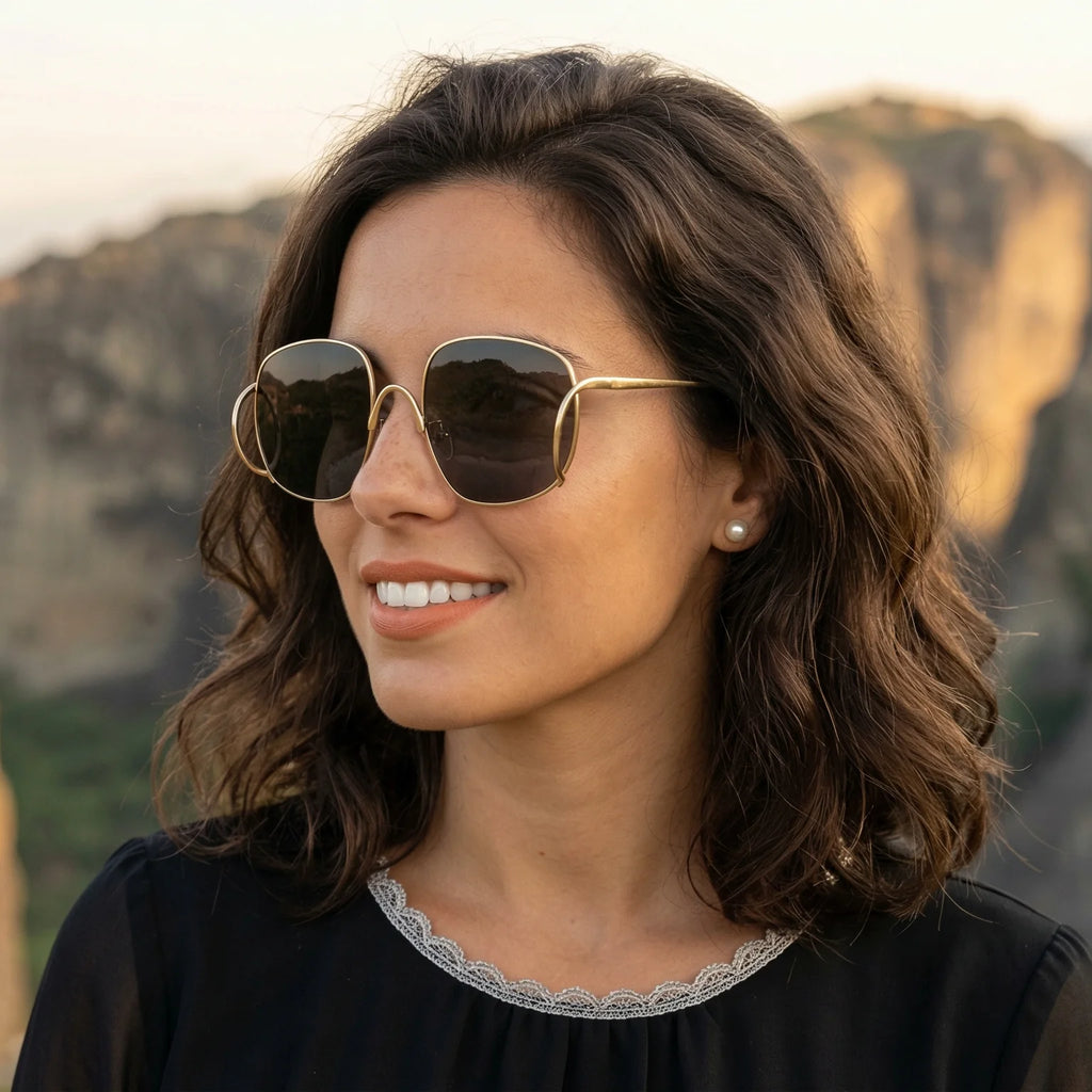 Übergroße Quadratische Sonnenbrille für Damen Luxuriöser Legierungsrahmen Trendige Große Gläser Einzigartige Gebogene Bügel-Brillenfassung