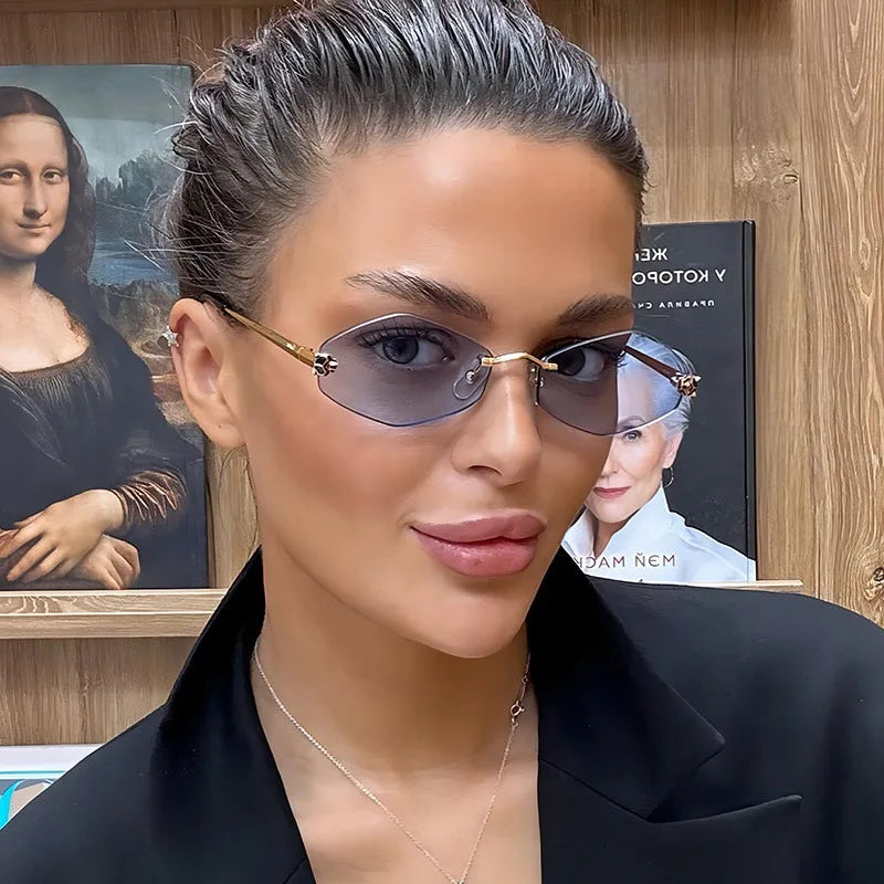 Luxuriöse Polygon-Sonnenbrille für Damen, Hipster, unregelmäßige randlose Sonnenbrille, Damen, kleiner Metallrahmen, Vintage-Rhombus-Brille, Braun