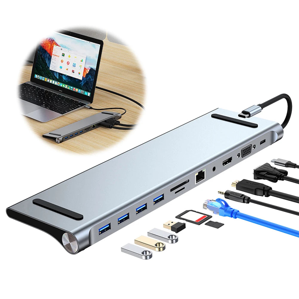 11-in-1-Typ-C-Hub mit 4K HDMI-kompatiblem VGA-Ethernet-Multiport-Adapter, 100 W PD SD/TF Audio für Surface/HP/Dell/Lenovo/MacBook