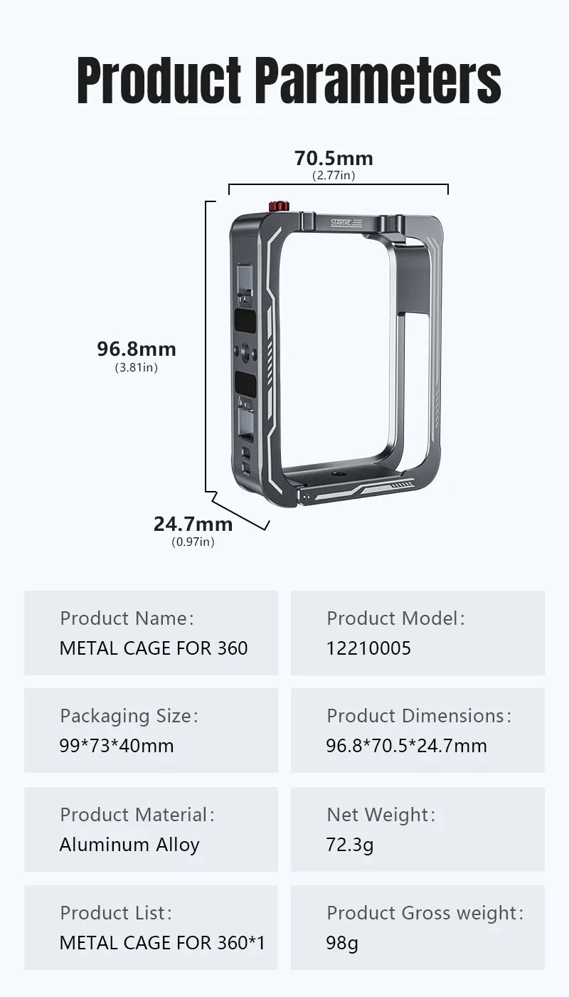 STARTRC Metallkäfig für DJI OSMO 360-Kamera, vollständiger Schutzrahmen, Schnellverschluss, Kaninchenkäfig, Kaltschuhhalterung, Rahmenzubehör