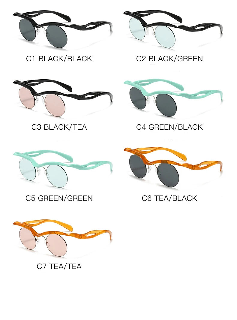 Sonnenbrille für Männer und Frauen, Designer-Mode, speziell geformte Brillen, trendige weibliche runde randlose Outdoor-Accessoire-Brille