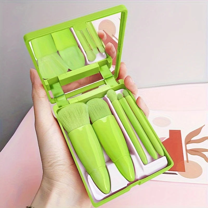 5-teiliges tragbares Make-up-Pinsel-Set mit Spiegel – faltbares Reise-Set, Mini-Make-up-Pinsel-Set, Reise-Make-up-Pinsel-Set