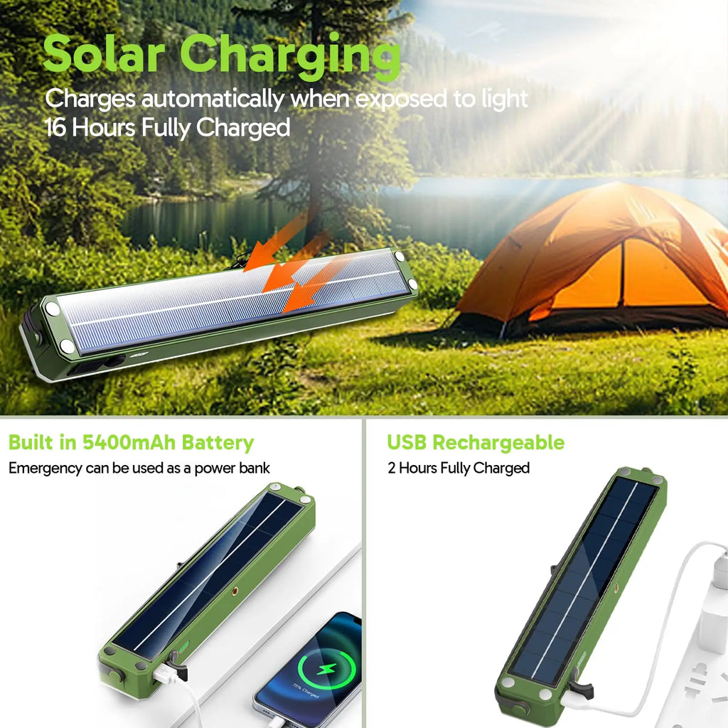 Solar-Campinglaterne – 5400 mAh Powerbank, 2500 lm, IPX5 wasserdicht, 4 Modi und magnetischer Haken – tragbare Camping-Lichtleiste für Zelt