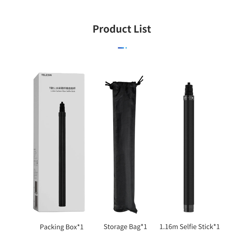 TELESIN 116 cm Kohlefaser Einbeinstativ Selfie Stick ausziehbar mit 1/4 Schraube für GoPro Hero Insta360 Osmo Action Kamera