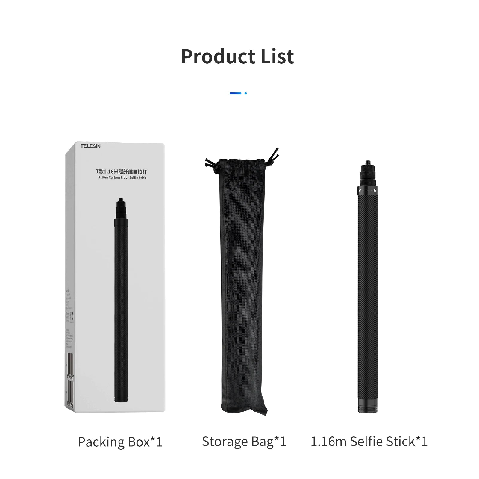 TELESIN 116 cm Kohlefaser Einbeinstativ Selfie Stick ausziehbar mit 1/4 Schraube für GoPro Hero Insta360 Osmo Action Kamera