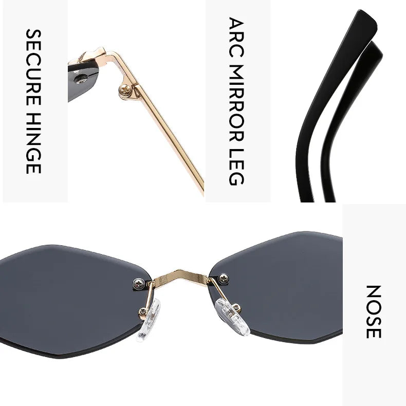 Luxuriöse Polygon-Sonnenbrille für Damen, Hipster, unregelmäßige randlose Sonnenbrille, Damen, kleiner Metallrahmen, Vintage-Rhombus-Brille, Braun