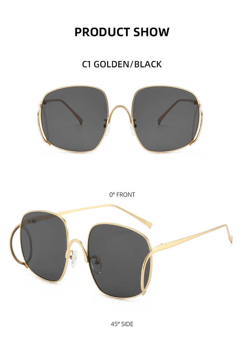 Übergroße Quadratische Sonnenbrille für Damen Luxuriöser Legierungsrahmen Trendige Große Gläser Einzigartige Gebogene Bügel-Brillenfassung