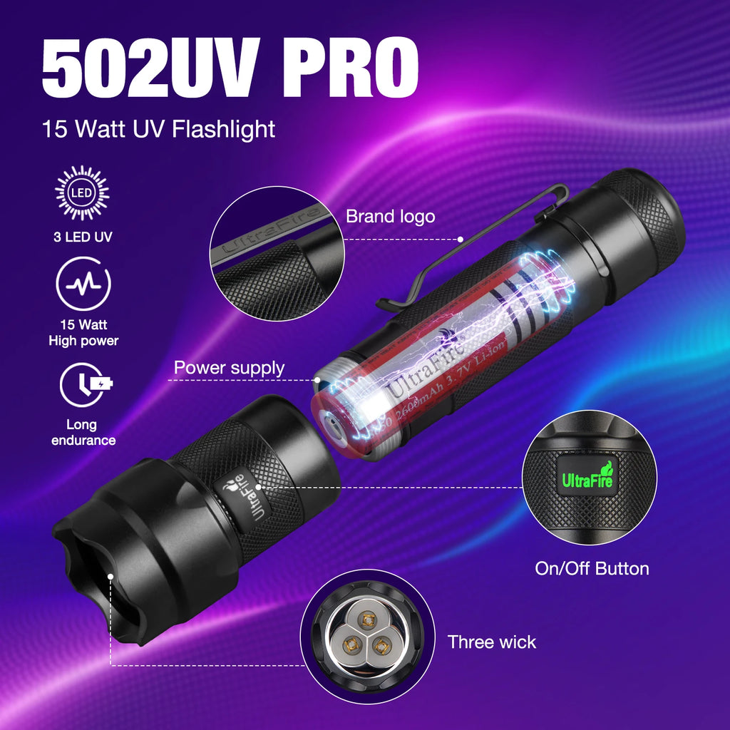 UltraFire 502UV Pro UV-Taschenlampe, 365/395 nm, Schwarzlicht, USB C, wiederaufladbar, für Tierhaare, Urinflecken, Skorpione, Geld, ultraviolettes Licht