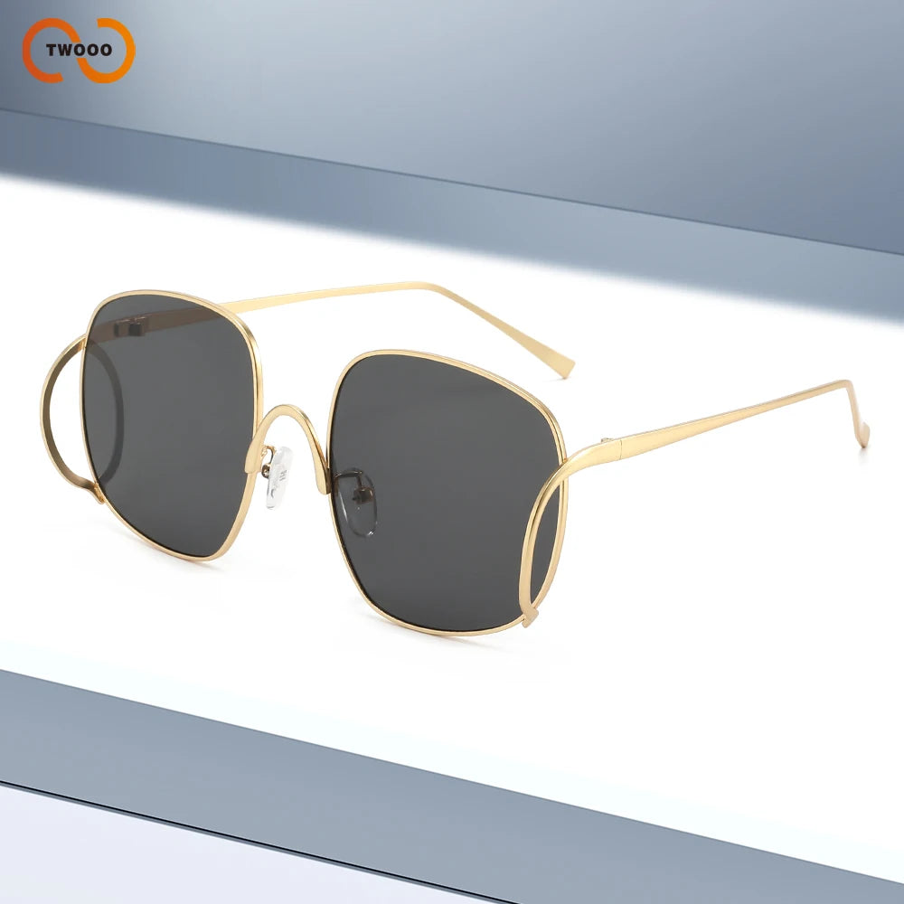 Übergroße Quadratische Sonnenbrille für Damen Luxuriöser Legierungsrahmen Trendige Große Gläser Einzigartige Gebogene Bügel-Brillenfassung