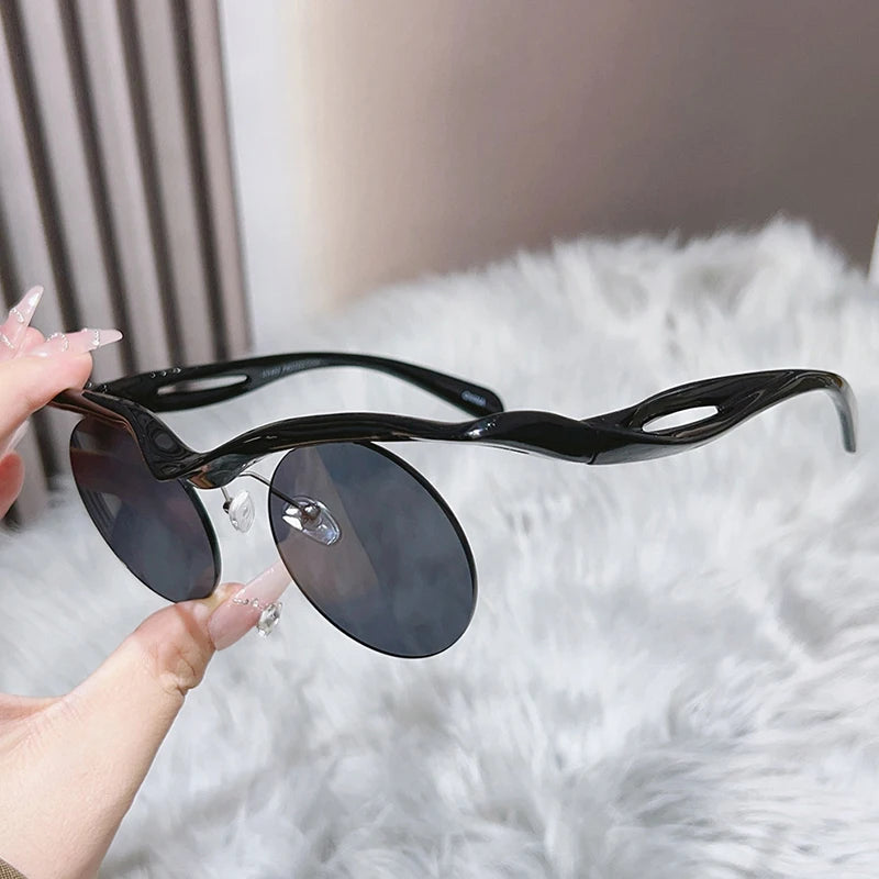 Sonnenbrille für Männer und Frauen, Designer-Mode, speziell geformte Brillen, trendige weibliche runde randlose Outdoor-Accessoire-Brille