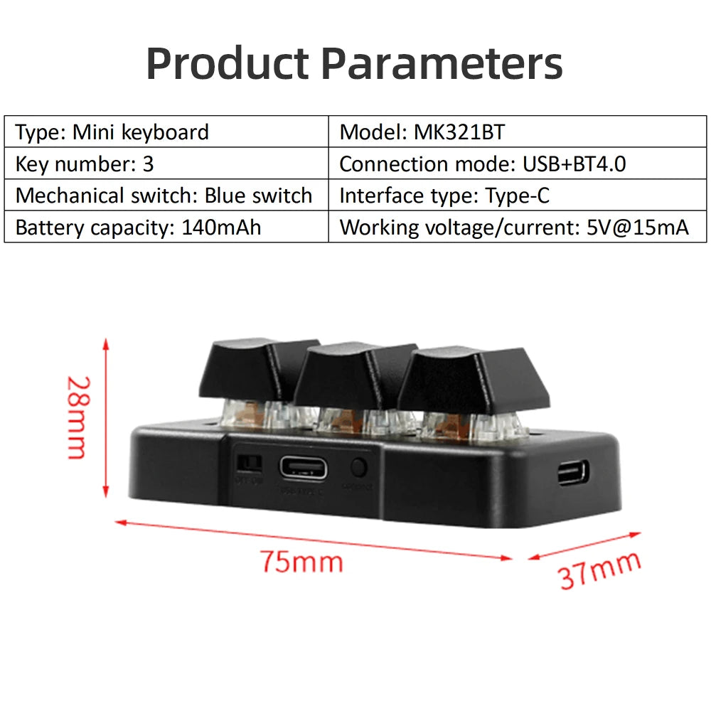 Mk321bt 3-Tasten Mini-Tastatur mit mechanischem blauen Schalter USB BT Dual-Mode-Verbindung für Office-Spiel Multimedia