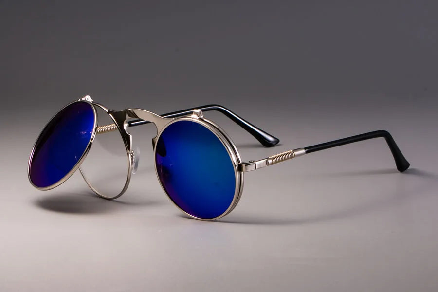 3057 STEAMPUNK Retro Runde Flip Sonnenbrille Männer Frauen Metall Zwei Paar Gläser KREIS SONNENBRILLE UV400