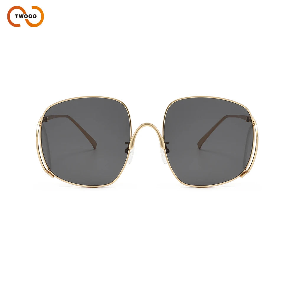 Übergroße Quadratische Sonnenbrille für Damen Luxuriöser Legierungsrahmen Trendige Große Gläser Einzigartige Gebogene Bügel-Brillenfassung