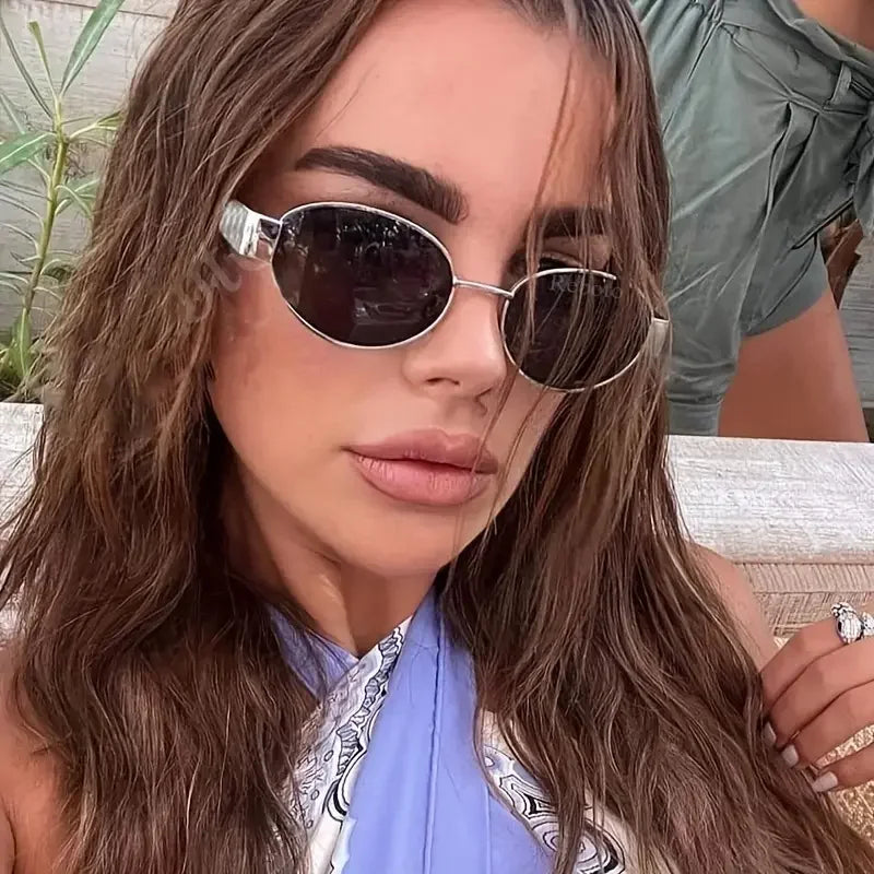 Trendige ovale Sonnenbrille für Damen, 2025, Luxusmarke, Designer-Sonnenbrille mit Metallrahmen, Damen, klassisch, Vintage, runde Farbtöne, Unisex