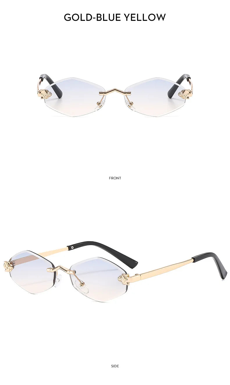 Luxuriöse Polygon-Sonnenbrille für Damen, Hipster, unregelmäßige randlose Sonnenbrille, Damen, kleiner Metallrahmen, Vintage-Rhombus-Brille, Braun
