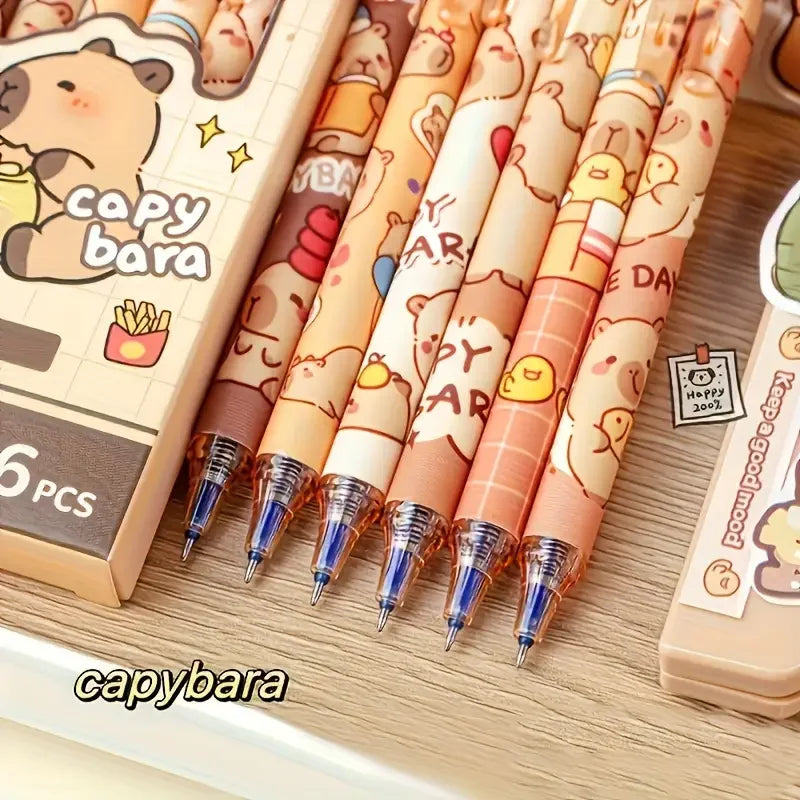 6 süße Capybara löschbare Stifte mit 0,5 mm feiner Spitze, schnell trocknende Tinte, einziehbarer Tintenroller mit Radiergummi, Gelbbraun, Büro und Schule