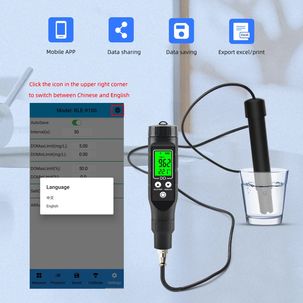 Bluetooth Digital Messgerät für gelösten Sauerstoff Profession eller Analysator für gelösten Sauerstoff Sauerstoff konzentration tester 0,0-40,0 mg/l