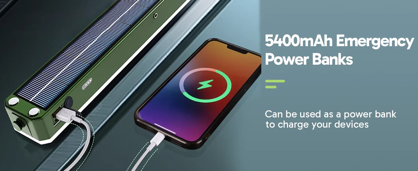 Solar-Campinglaterne – 5400 mAh Powerbank, 2500 lm, IPX5 wasserdicht, 4 Modi und magnetischer Haken – tragbare Camping-Lichtleiste für Zelt