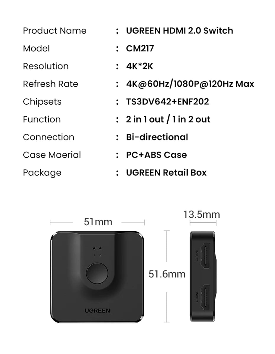 UGREEN HDMI 2.1 Switch 8K 60Hz 4K120Hz 2-in-1-Ausgang für TV Xiaomi Xbox Series X PS5 HDMI-kompatibler Monitor HDMI-Switcher