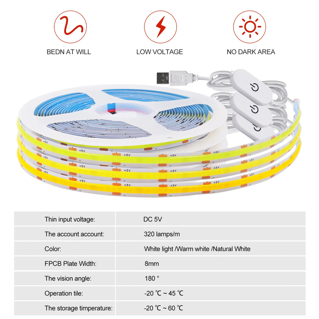 Neue 5V LED COB Licht Streifen Dimmbar Mit Touch Sensor/EIN OFF Schalter USB Flexible LED Band Weihnachten TV Hintergrundbeleuchtung Klebeband