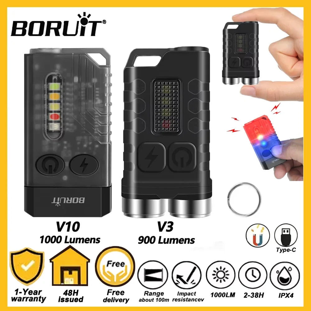 BORUiTV3/V10 LED-Schlüsselanhänger-Licht, leistungsstarke EDC-Taschenlampe, wiederaufladbare Taschenlampe vom Typ C, mit rotem UV-Licht, Angellampe