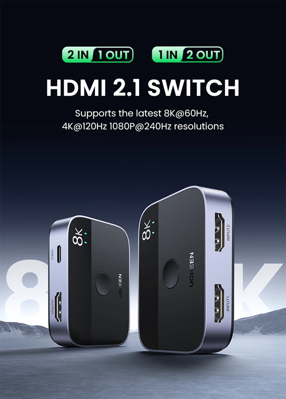 UGREEN HDMI 2.1 Switch 8K 60Hz 4K120Hz 2-in-1-Ausgang für TV Xiaomi Xbox Series X PS5 HDMI-kompatibler Monitor HDMI-Switcher