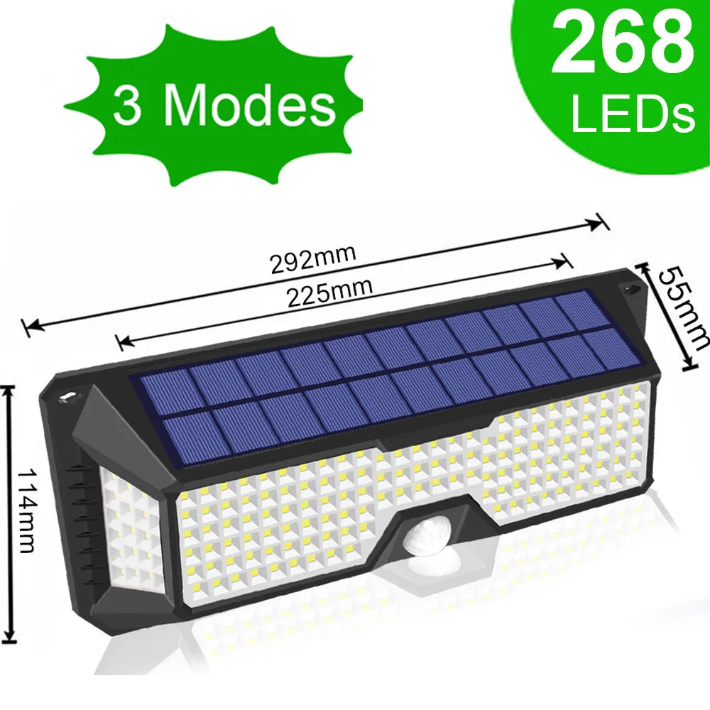 268 LED-Solar-Wandleuchte für den Außenbereich, wasserdicht, solarbetriebene Lampe mit menschlichem Körperbewegungssensor für den Garten, dekoratives 4-Modus-Licht