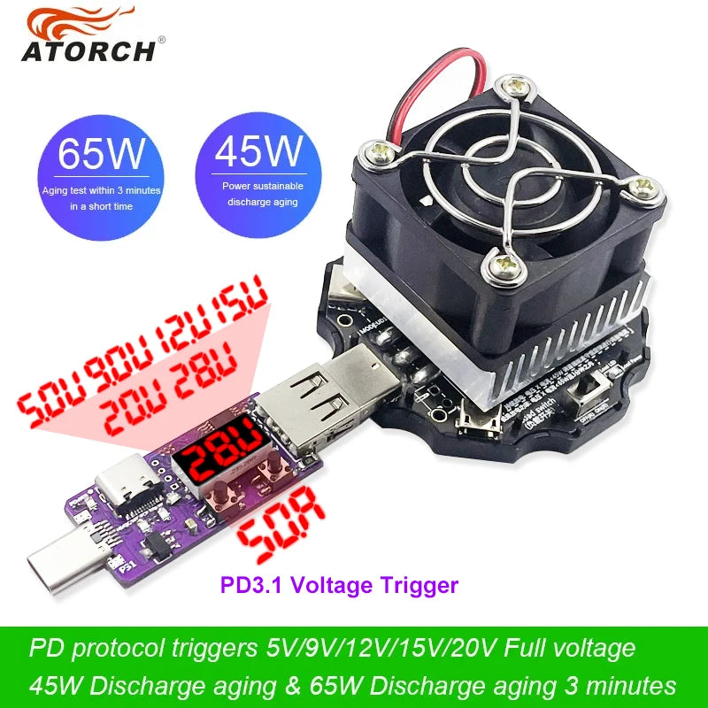 65W elektronischer Last-USB-Tester DC5-24V Typ-C Voltmeter-Tester mit PD3.1 Spannungsauslöser Ladegerät Power Bank Kapazitätsdetektor