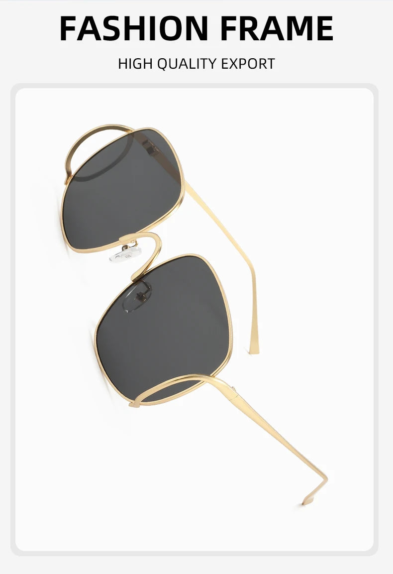Übergroße Quadratische Sonnenbrille für Damen Luxuriöser Legierungsrahmen Trendige Große Gläser Einzigartige Gebogene Bügel-Brillenfassung