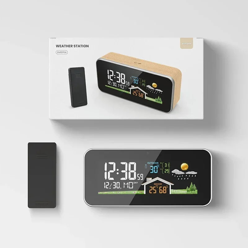 Drahtlose Wetterstation, Holzwecker, digitales Thermometer, Luftfeuchtigkeit, Temperatur, kabelloser Sensor, Heim-TimeWatch-Desktop