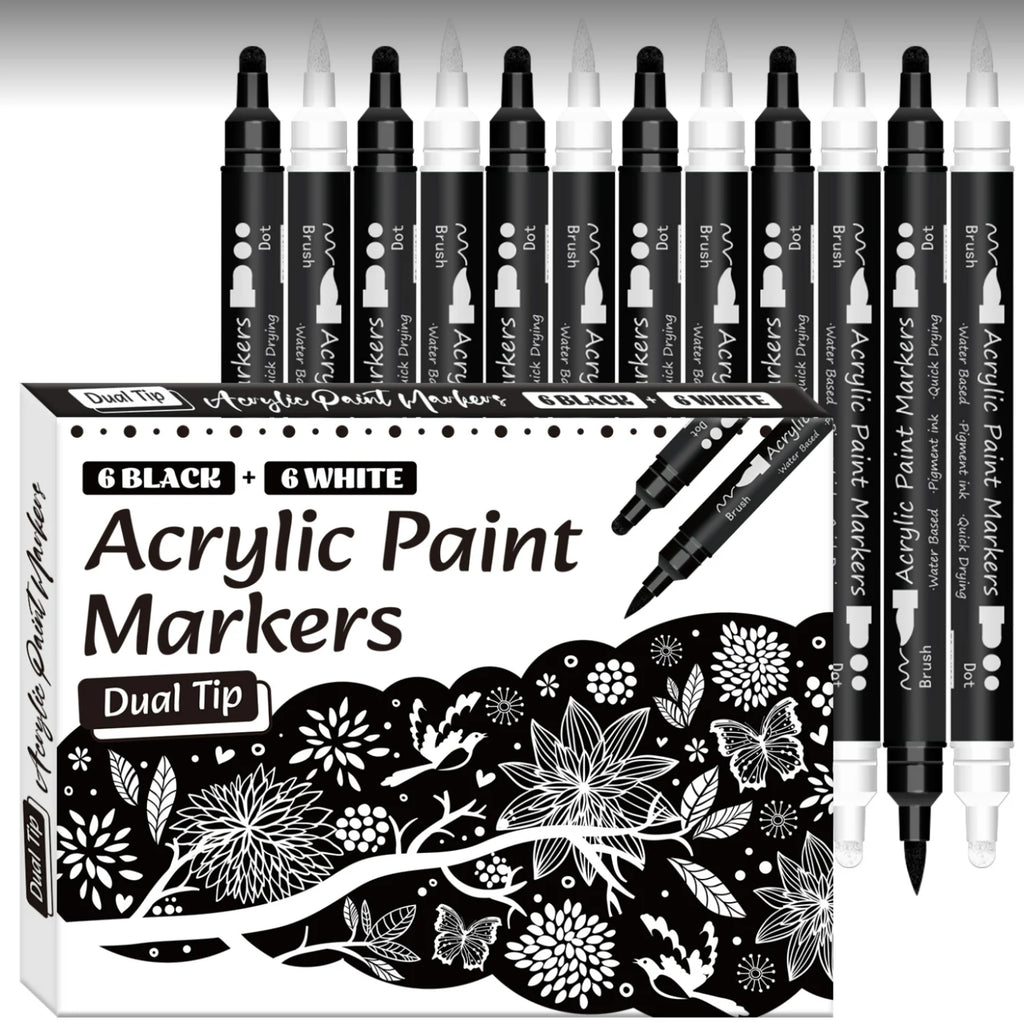 Schwarz-weißer Acryl-Markierungsstift, 12 Stück Pinsel und feine Punktspitze für Papier, Felsmalerei, Holzschild, Metall, Kunststoff, Zeichnen