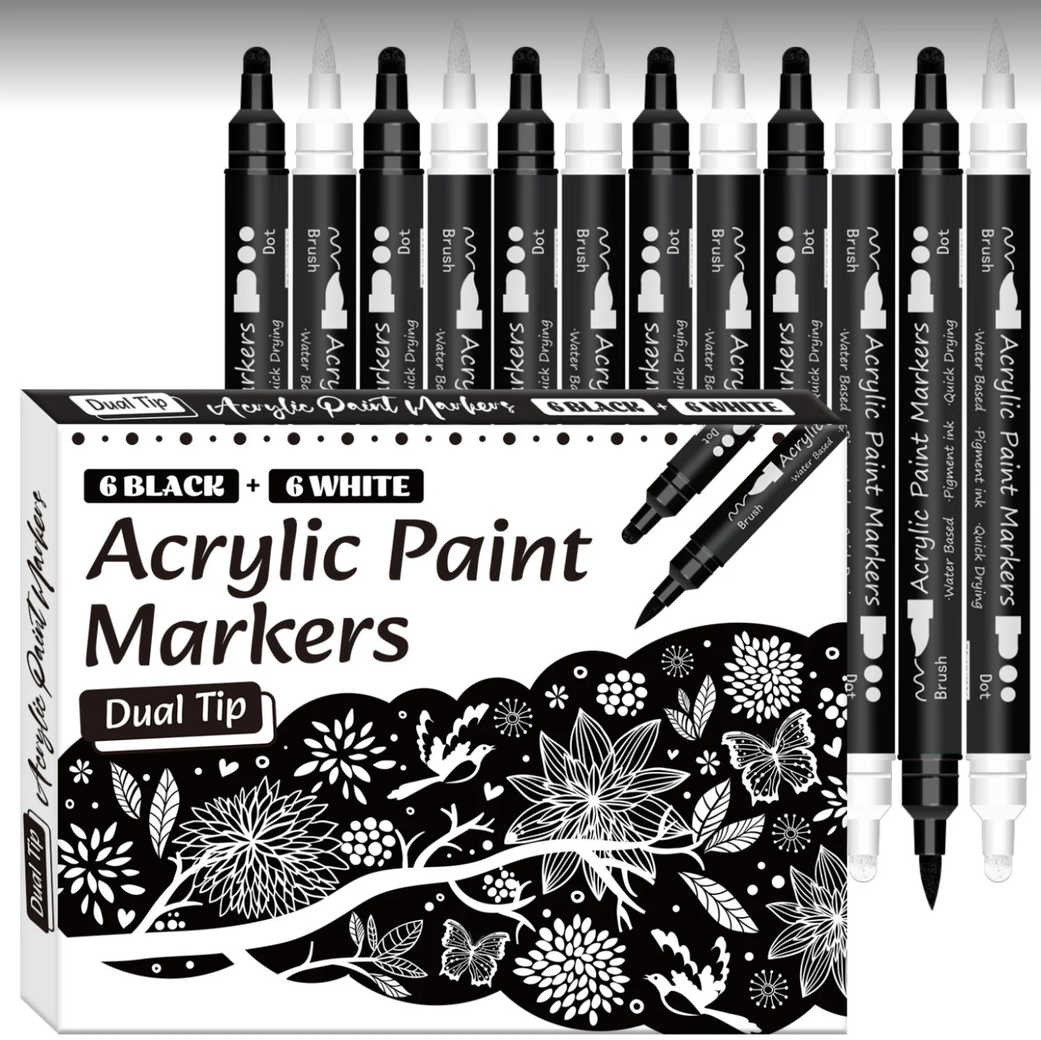 Schwarz-weißer Acryl-Markierungsstift, 12 Stück Pinsel und feine Punktspitze für Papier, Felsmalerei, Holzschild, Metall, Kunststoff, Zeichnen