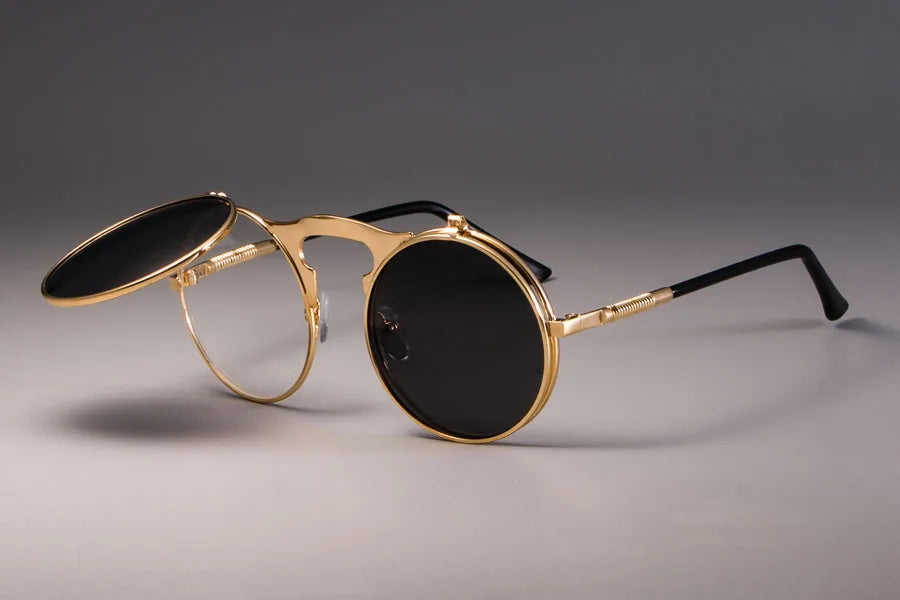 3057 STEAMPUNK Retro Runde Flip Sonnenbrille Männer Frauen Metall Zwei Paar Gläser KREIS SONNENBRILLE UV400