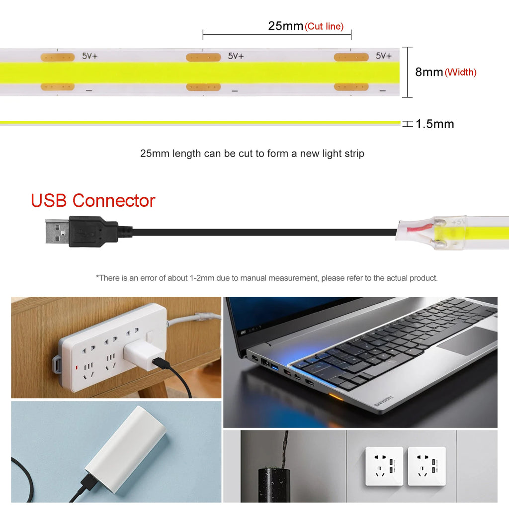 Superheller USB-DC5V-COB-LED-Lichtstreifen, 320 LED/m, hohe Dichte, flexible lineare Beleuchtung, warm/natürlich/weiß, 50 cm, 1 m, 2 m, 3 m, 4 m, 5 m