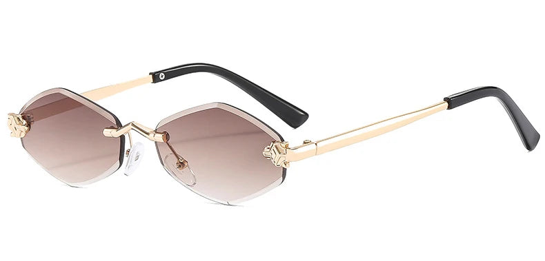 Luxuriöse Polygon-Sonnenbrille für Damen, Hipster, unregelmäßige randlose Sonnenbrille, Damen, kleiner Metallrahmen, Vintage-Rhombus-Brille, Braun