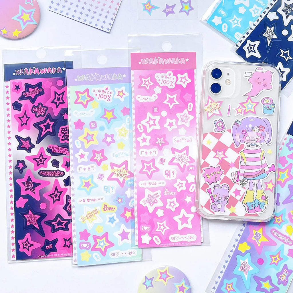 1 Blatt niedliche bunte Sternmuster-Aufkleber, DIY-Scrapbooking-Aufkleber, Kpop Idol, Fotokarte, Deko-Materialien, koreanischer Stil