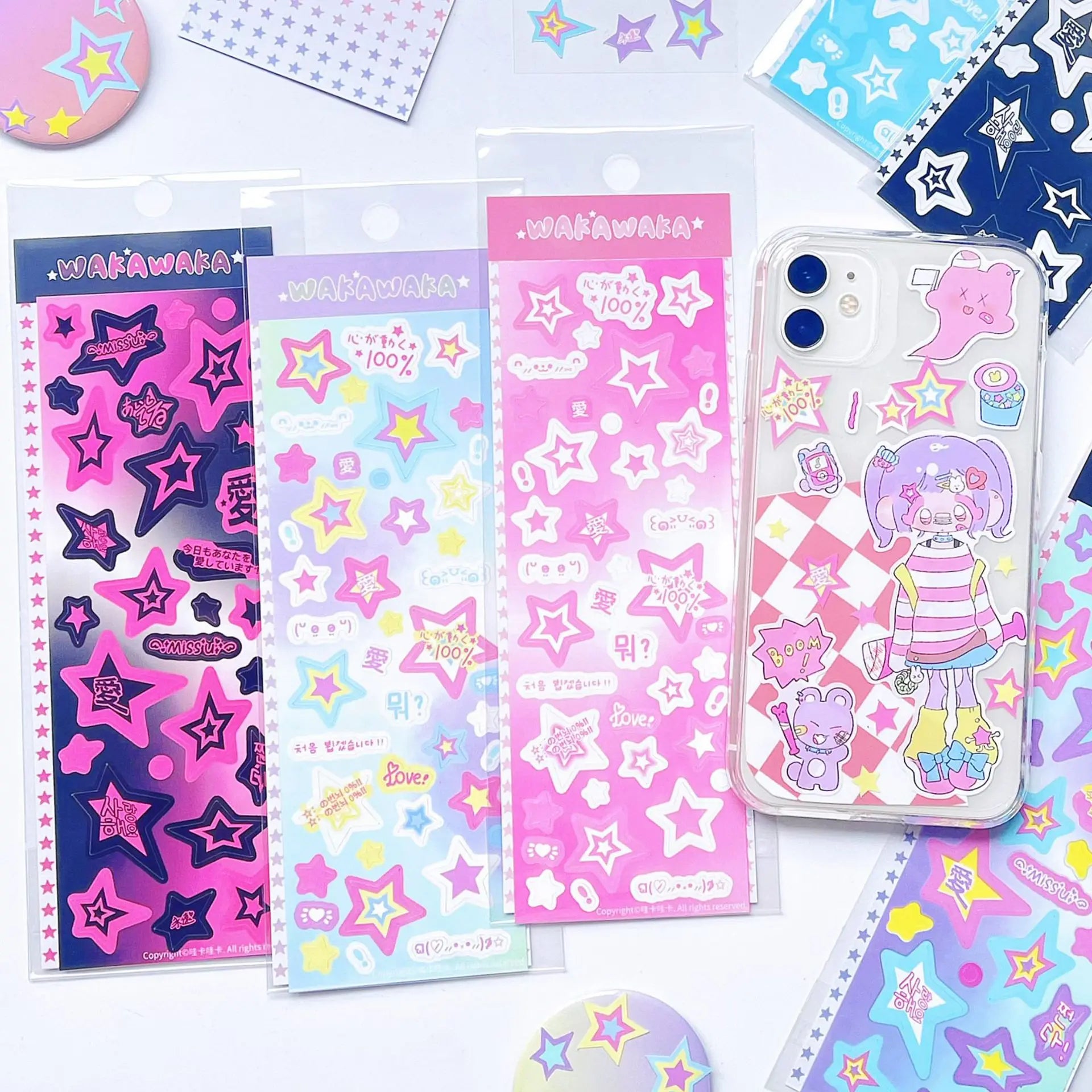 1 Blatt niedliche bunte Sternmuster-Aufkleber, DIY-Scrapbooking-Aufkleber, Kpop Idol, Fotokarte, Deko-Materialien, koreanischer Stil