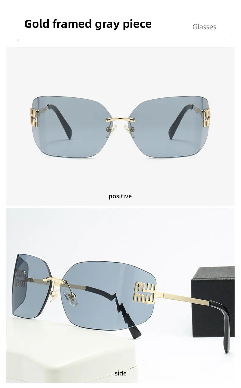 Gebogene einteilige Sonnenbrille, rahmenloses quadratisches Schnittkanten-Design, UV400-Schutz, High-End-Street-Style für Damen