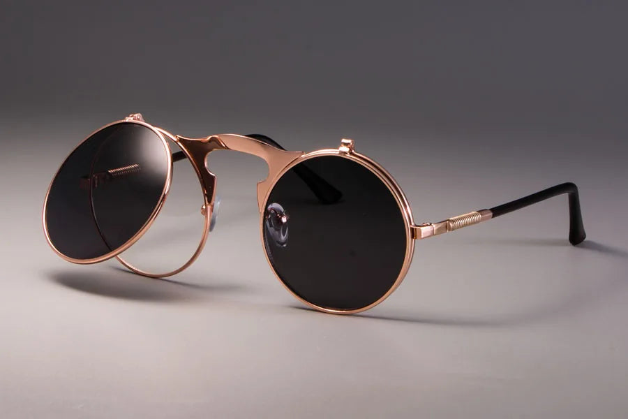 3057 STEAMPUNK Retro Runde Flip Sonnenbrille Männer Frauen Metall Zwei Paar Gläser KREIS SONNENBRILLE UV400