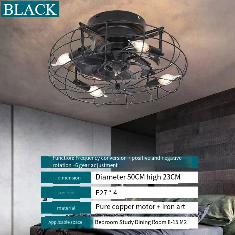 Retro Decke Schlafzimmer Ventilator Licht Unsichtbare amerikanische industrielle Wind Fernbedienung Esszimmer Deckenleuchte Schmiedeeisen Decke