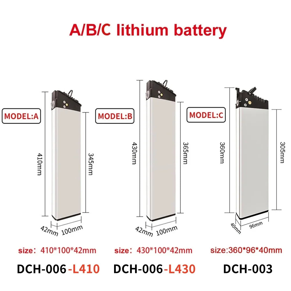 48V 17Ah 15Ah 12,8Ah 10,4Ah 36V 10Ah 12Ah 15Ah DCH-003 DCH-006 DCH-009 350W~1000W Motorbatterie