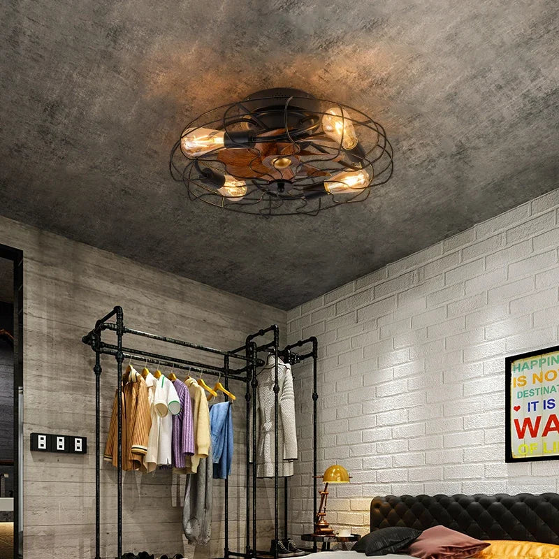 Retro Decke Schlafzimmer Ventilator Licht Unsichtbare amerikanische industrielle Wind Fernbedienung Esszimmer Deckenleuchte Schmiedeeisen Decke