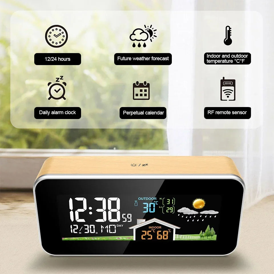 Drahtlose Wetterstation, Holzwecker, digitales Thermometer, Luftfeuchtigkeit, Temperatur, kabelloser Sensor, Heim-TimeWatch-Desktop