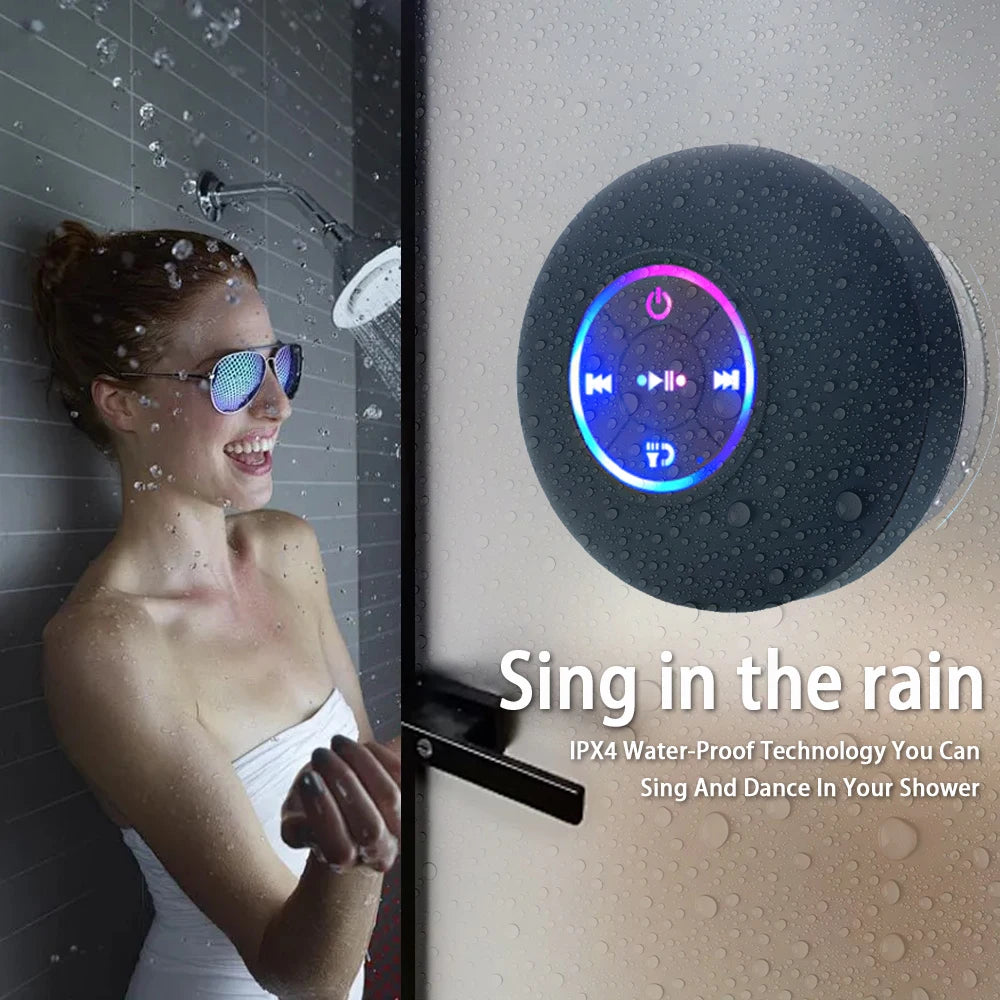 Tragbarer kabelloser Bluetooth-Lautsprecher, LED-Licht, IPX4, wasserdichter Lautsprecher, Badezimmer im Freien, großer Saugnapf, Stereo-Soundbox