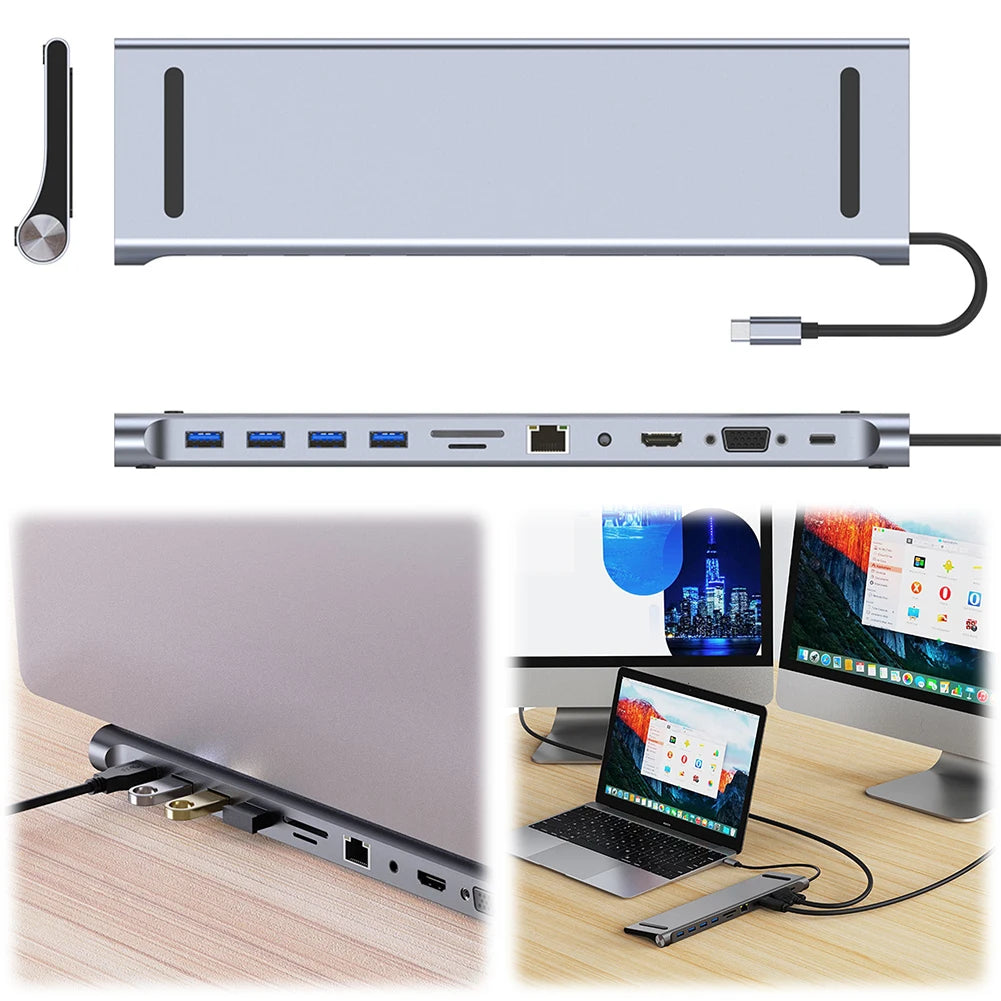 11-in-1-Typ-C-Hub mit 4K HDMI-kompatiblem VGA-Ethernet-Multiport-Adapter, 100 W PD SD/TF Audio für Surface/HP/Dell/Lenovo/MacBook