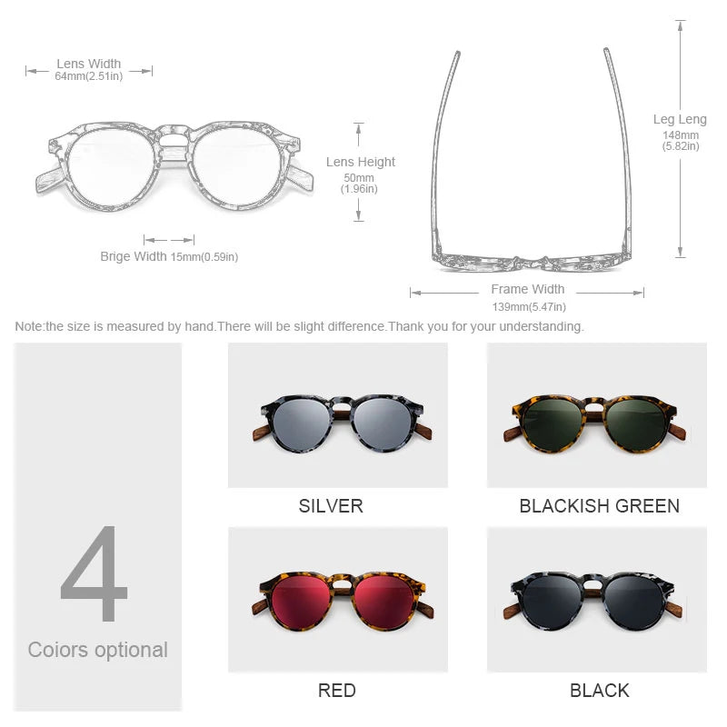 Oi Wood Sonnenbrille Damen Herren Sonnenbrille Walnussholz Runde Brille Rote LinseTortoise Shell Rahmen