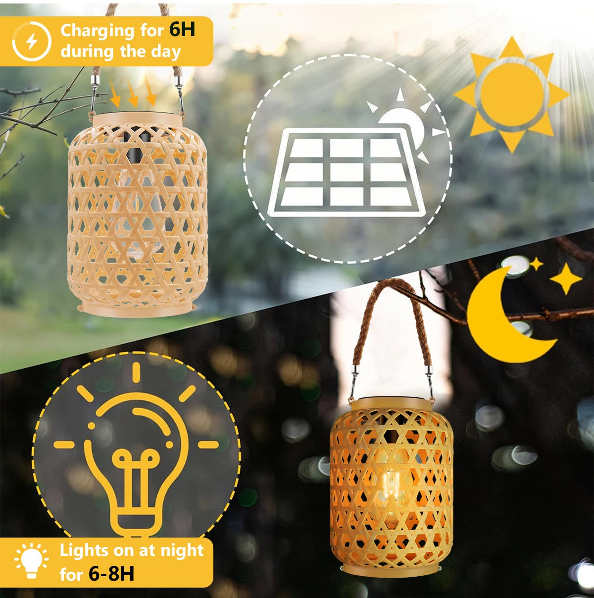 Rattan-Solarlaternen zum Aufhängen im Freien, Solar-Glühbirne, wasserdicht, Landhaus-Dekor, Solar-Tischleuchte, Dekoration für Garten, Hof